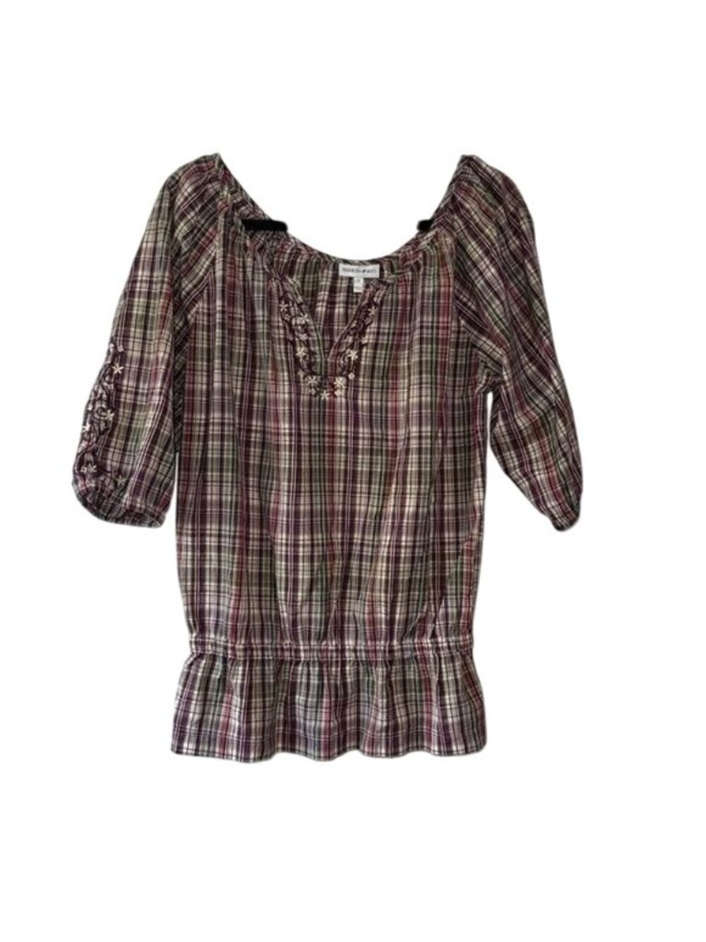 Fashion Bug Plaid Peasant Top With Embroidered Floral Detail & Elastic Waist S 1